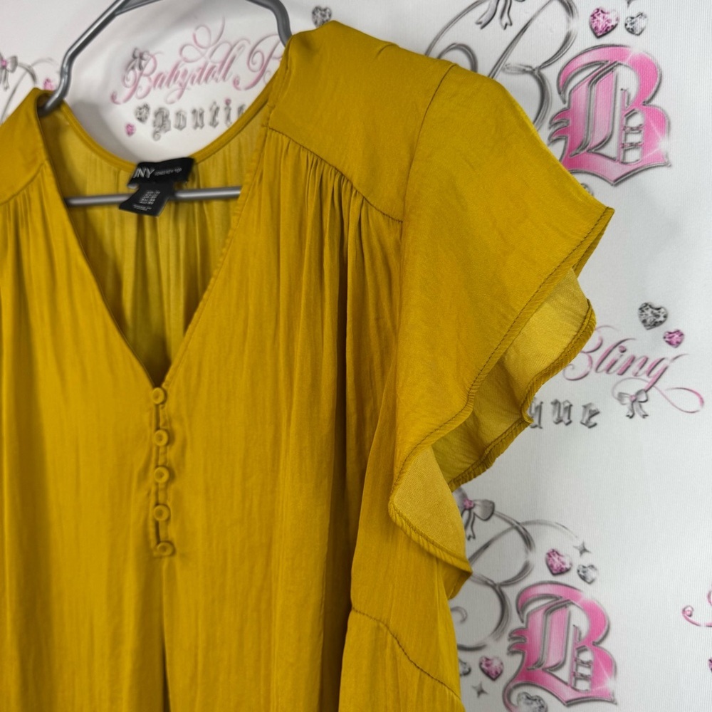 Jones New York tshirt button up ruffle sleeves pleated Mustard Blouse - Picture 4 of 8